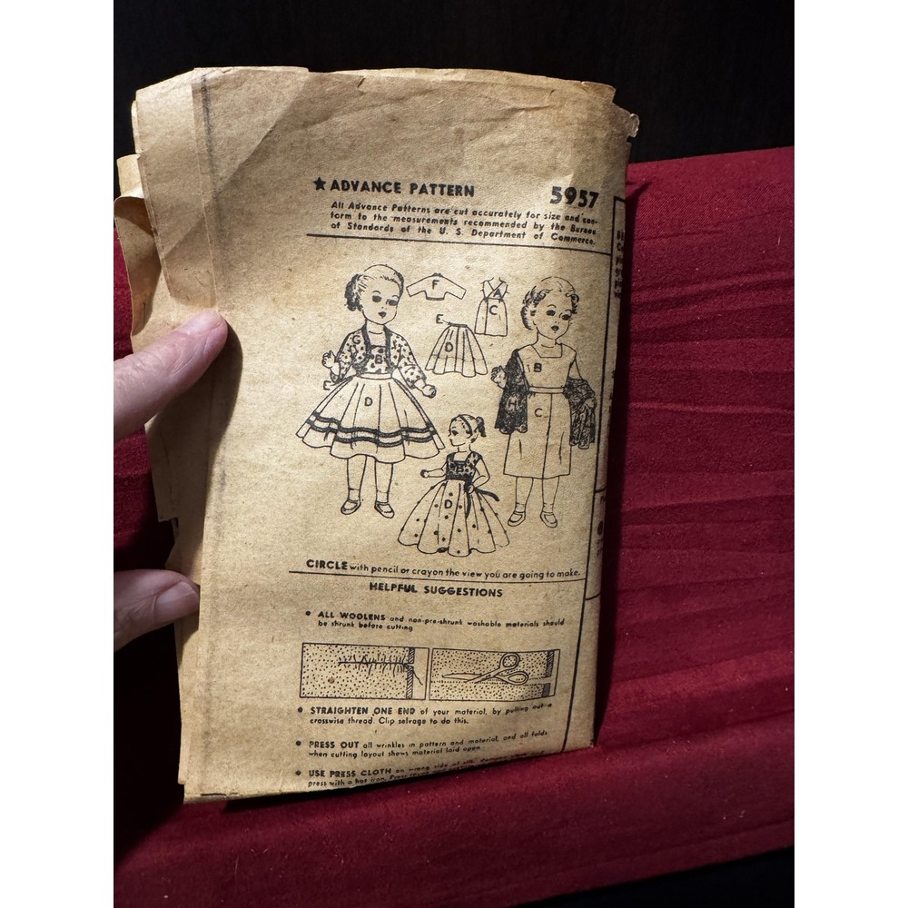 Vintage Advance 5957 Toni Doll Wardrobe Sewing Pattern 1950s Complete No